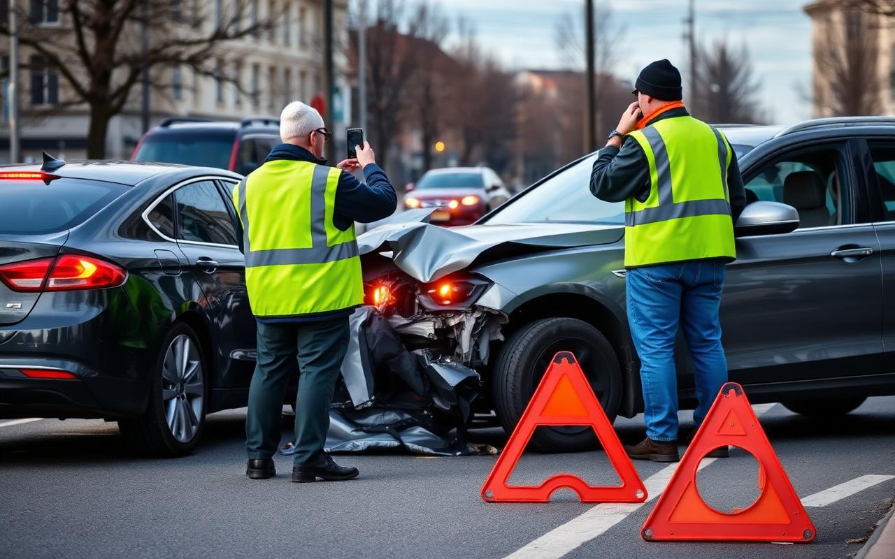 Unfallstelle: Beteiligte sichern Beweise mit Smartphone und Warndreieck