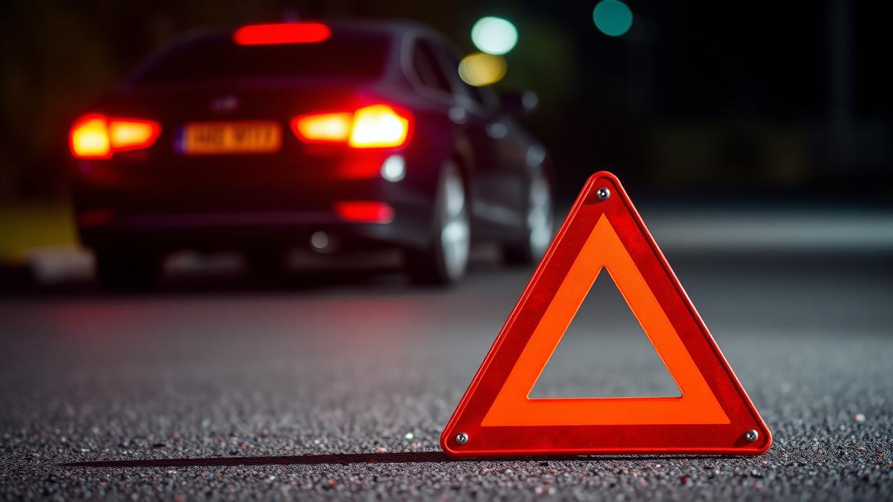 Warndreieck auf der Straße vor einem havarierten Fahrzeug bei Nacht